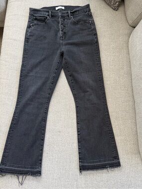 LOFT High Rise Button Fly Kick Flare Cropped Black Jeans Women’s 29/8 Raw Hem